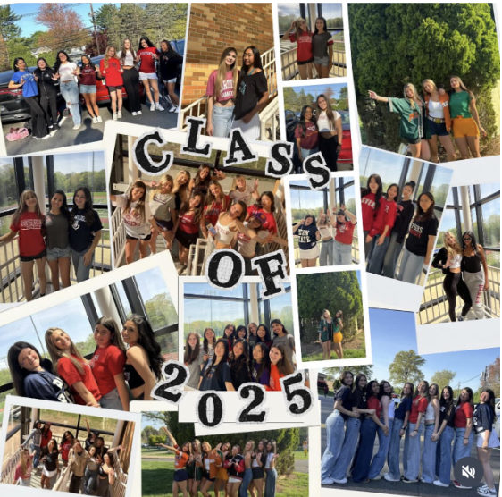 Seniors all representing their future colleges on May 1. Photo courtesy of students of NVD